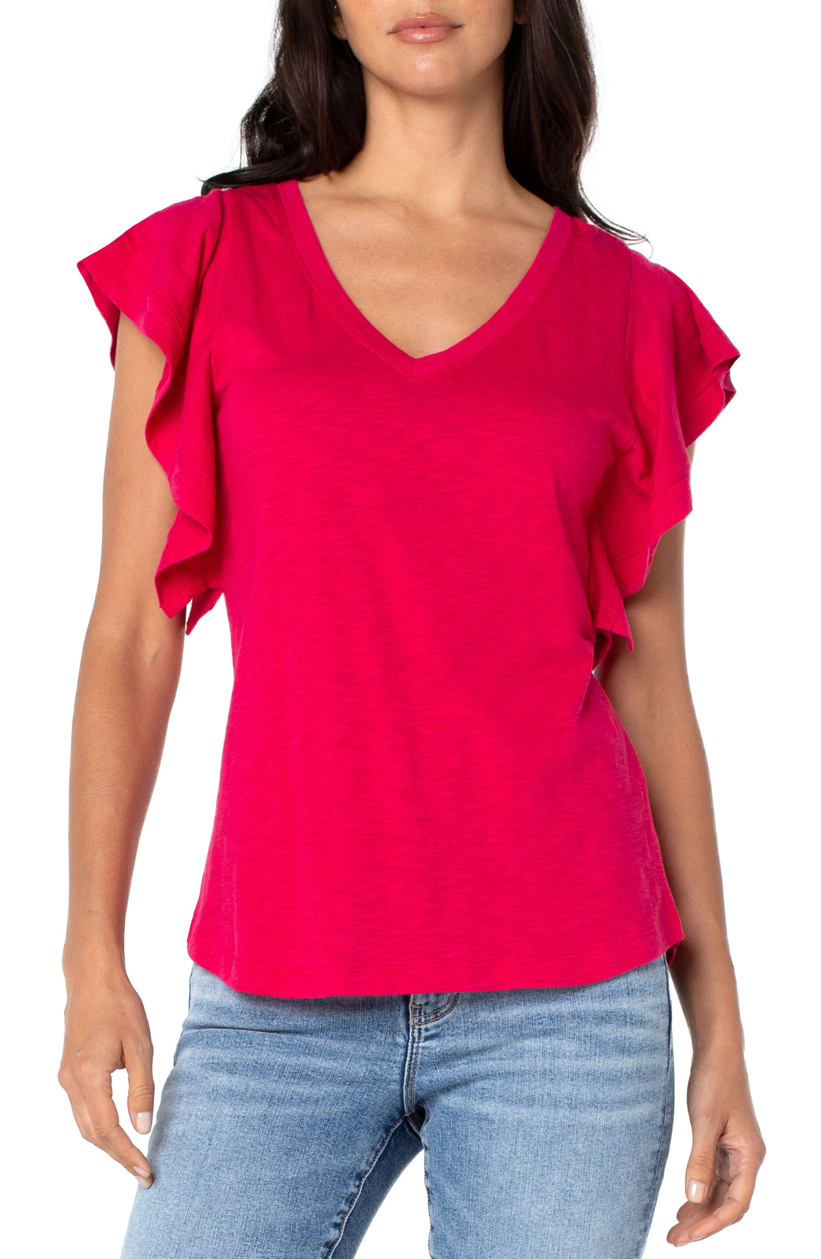 Ruby Ribbon Womens SIZE LARGE Lightweight Pink Flutter Sleeve V-Neck Top Shirt